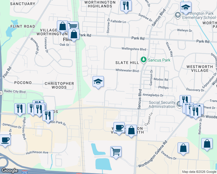 map of restaurants, bars, coffee shops, grocery stores, and more near 654 Mawyer Drive in Worthington