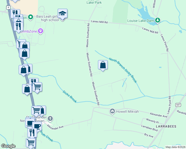 map of restaurants, bars, coffee shops, grocery stores, and more near 1064 Maxim Southard Road in Howell Township