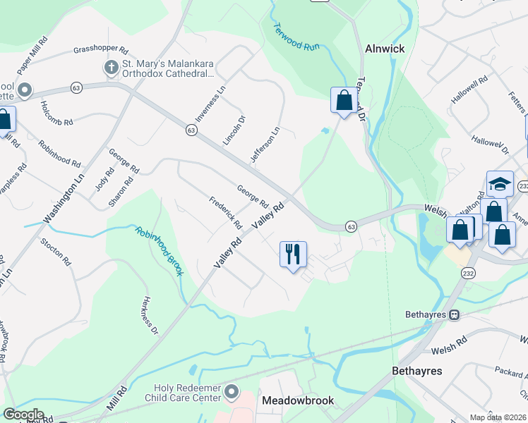 map of restaurants, bars, coffee shops, grocery stores, and more near 1016 George Road in Jenkintown