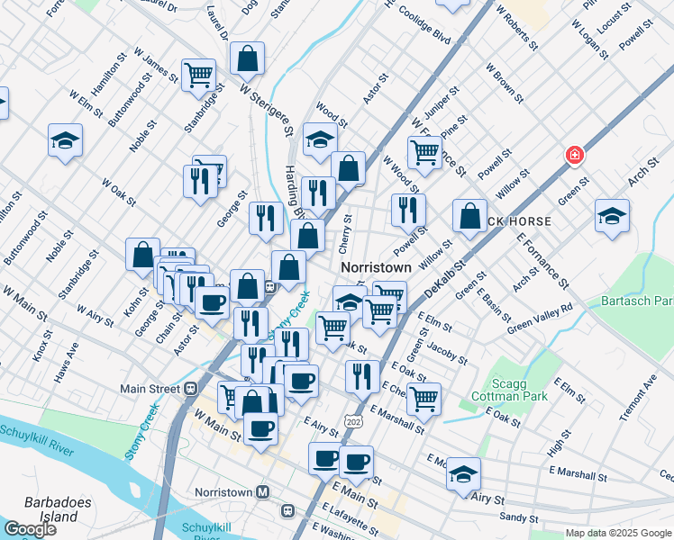 map of restaurants, bars, coffee shops, grocery stores, and more near 1003 Cherry Street in Norristown