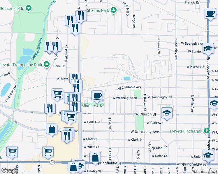 map of restaurants, bars, coffee shops, grocery stores, and more near 599 North Fair Street in Champaign