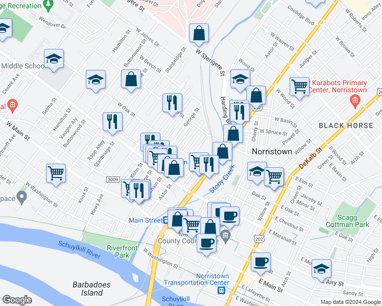 map of restaurants, bars, coffee shops, grocery stores, and more near 709 Astor Street in Norristown