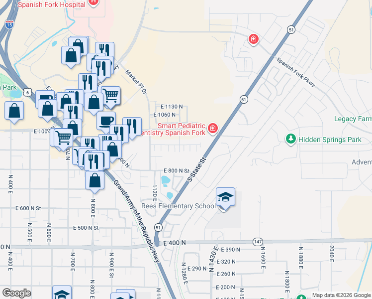 map of restaurants, bars, coffee shops, grocery stores, and more near 1273 Expressway Lane in Spanish Fork