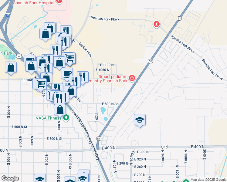 map of restaurants, bars, coffee shops, grocery stores, and more near 1273 Expressway Lane in Spanish Fork