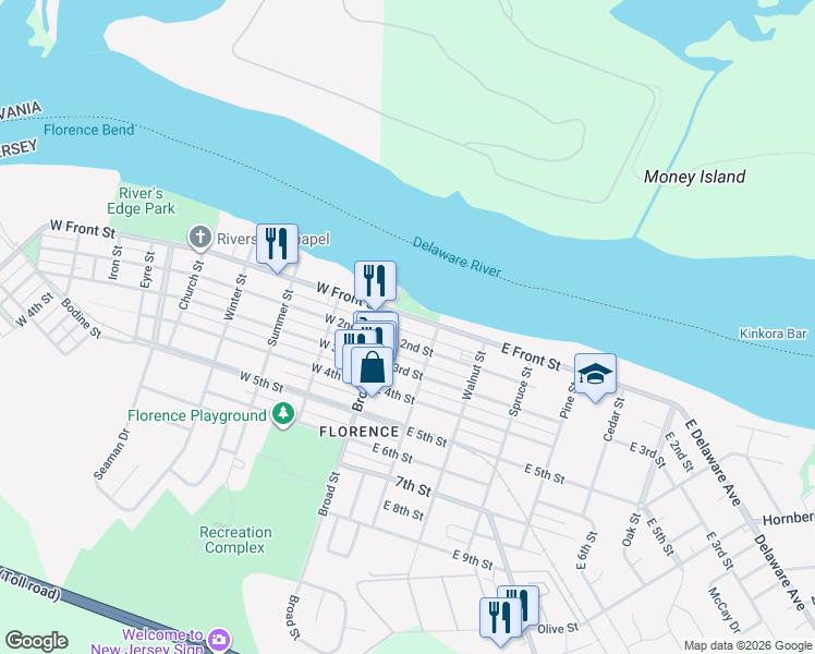 map of restaurants, bars, coffee shops, grocery stores, and more near 16 East Front Street in Florence
