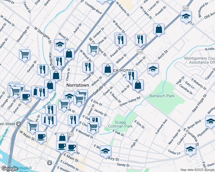 map of restaurants, bars, coffee shops, grocery stores, and more near 1211 DeKalb Street in Norristown