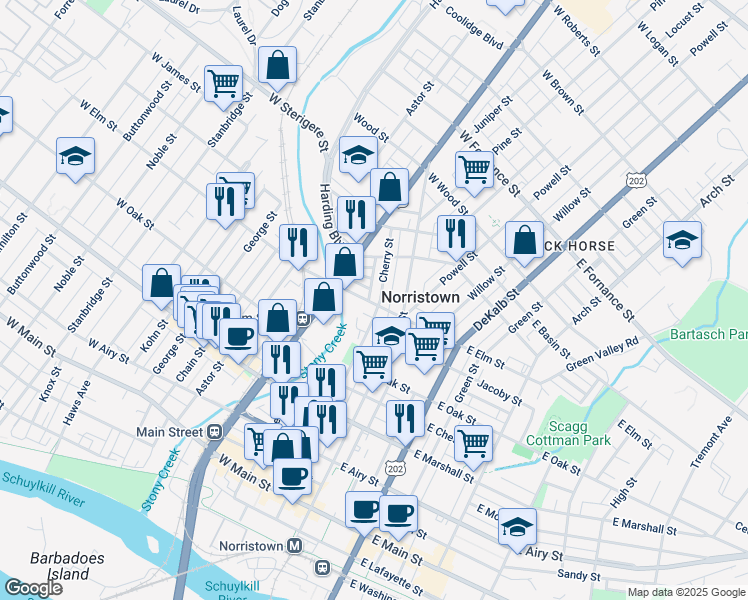 map of restaurants, bars, coffee shops, grocery stores, and more near 1027 Park Alley in Norristown