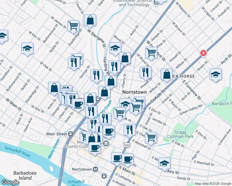 map of restaurants, bars, coffee shops, grocery stores, and more near 1027 Park Alley in Norristown