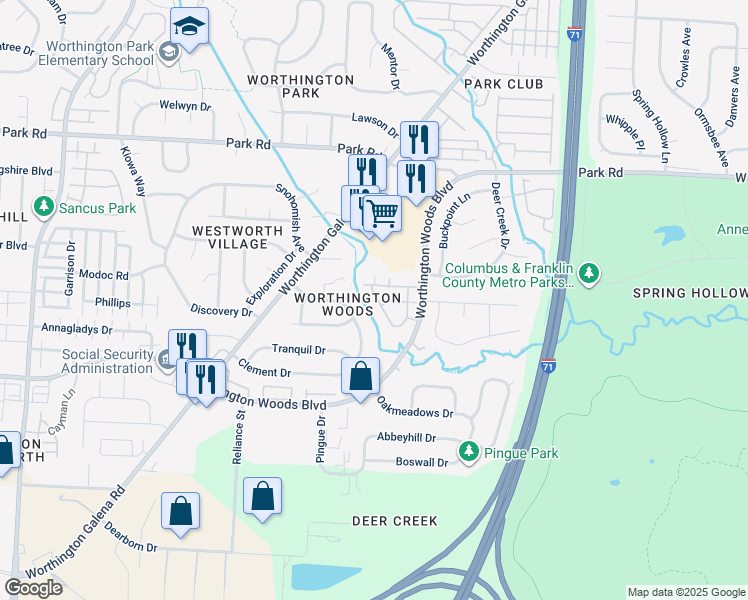 map of restaurants, bars, coffee shops, grocery stores, and more near 1400-1498 Saddle Ridge Ln in Columbus