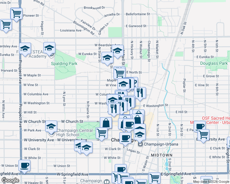 map of restaurants, bars, coffee shops, grocery stores, and more near 111 West Vine Street in Champaign