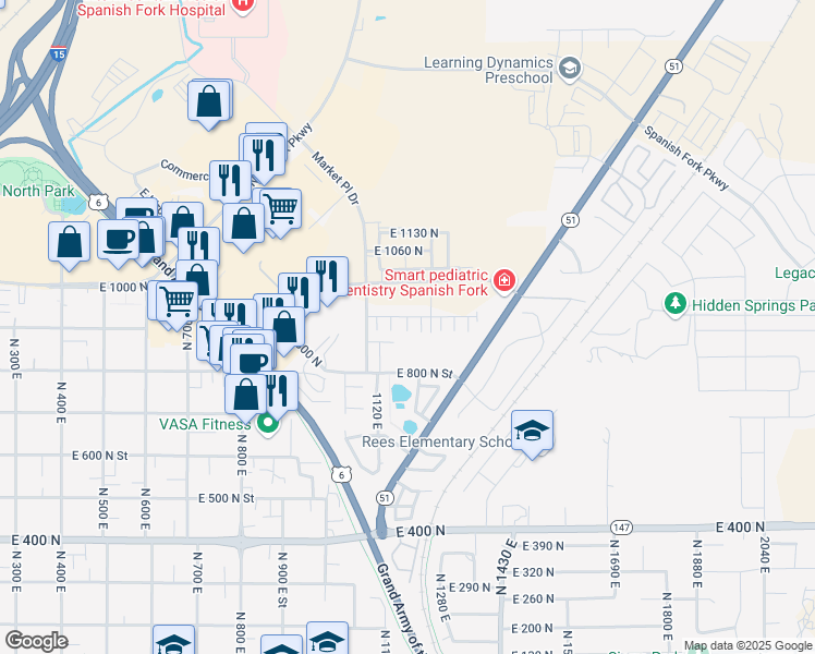 map of restaurants, bars, coffee shops, grocery stores, and more near 916 North 1190 East in Spanish Fork