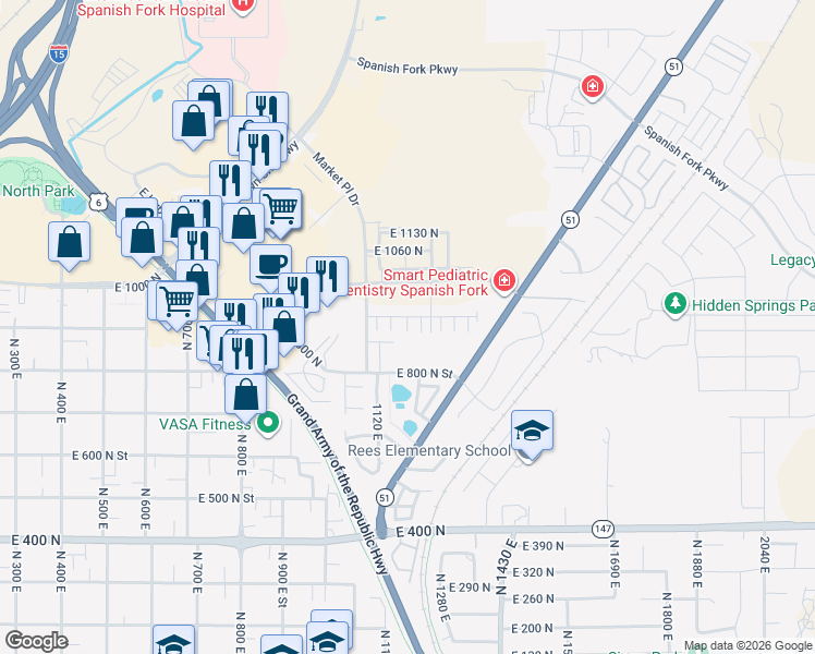 map of restaurants, bars, coffee shops, grocery stores, and more near 1173 Expressway Lane in Spanish Fork