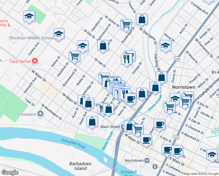 map of restaurants, bars, coffee shops, grocery stores, and more near 709 West Marshall Street in Norristown