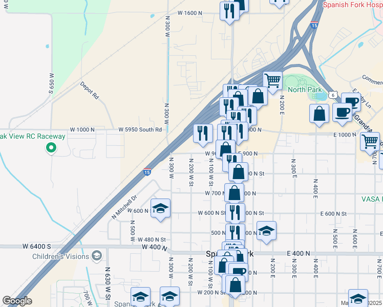 map of restaurants, bars, coffee shops, grocery stores, and more near 900 North 200 West Street in Spanish Fork