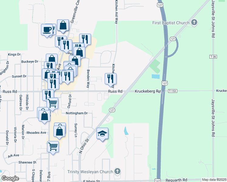 map of restaurants, bars, coffee shops, grocery stores, and more near 1276 Russ Road in Greenville