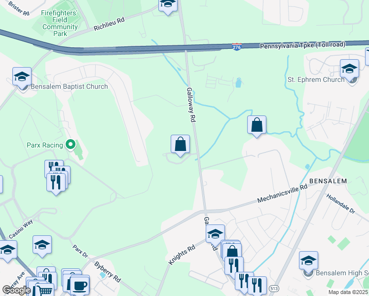 map of restaurants, bars, coffee shops, grocery stores, and more near 106 Derby Lane in Bucks County