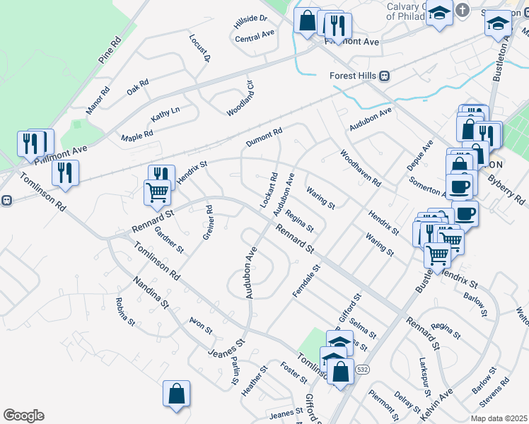 map of restaurants, bars, coffee shops, grocery stores, and more near 11701 Lockart Road in Philadelphia