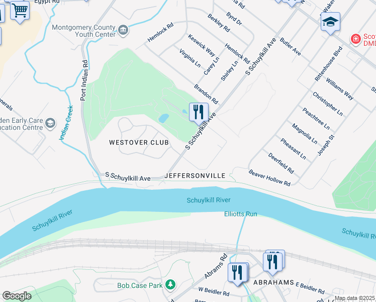 map of restaurants, bars, coffee shops, grocery stores, and more near 156 Riversedge Drive in Norristown