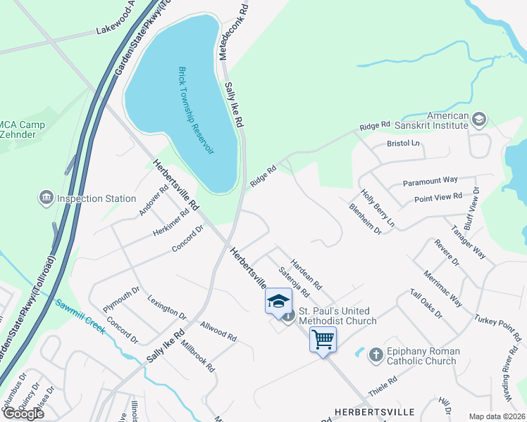 map of restaurants, bars, coffee shops, grocery stores, and more near 1291 Sally Ike Road in Brick Township