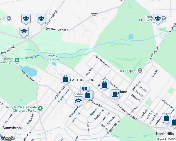 map of restaurants, bars, coffee shops, grocery stores, and more near 117 Rech Avenue in Oreland