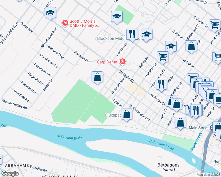 map of restaurants, bars, coffee shops, grocery stores, and more near 104 Rosemont Avenue in Norristown