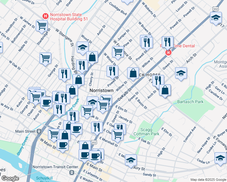 map of restaurants, bars, coffee shops, grocery stores, and more near 1055 Willow Street in Norristown