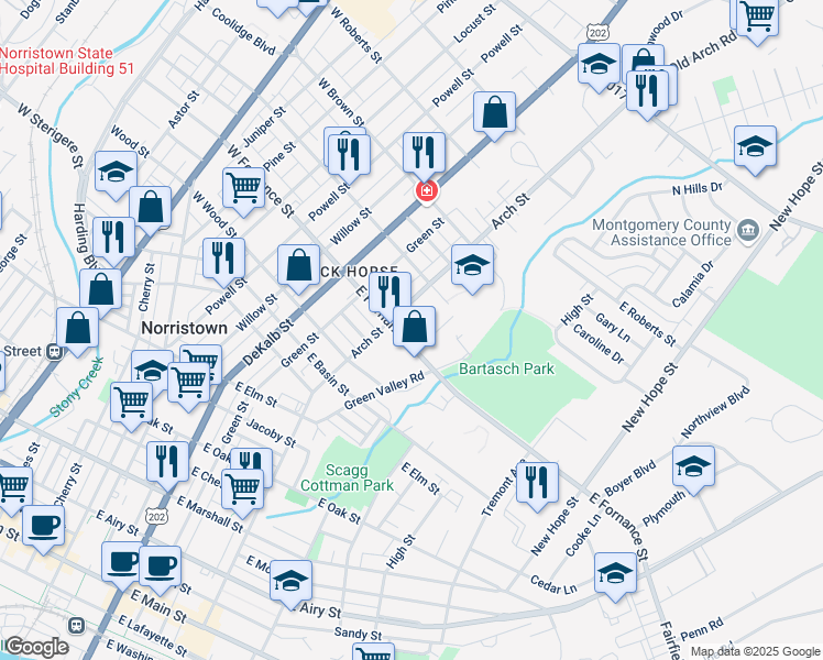 map of restaurants, bars, coffee shops, grocery stores, and more near 305 East Fornance Street in Norristown