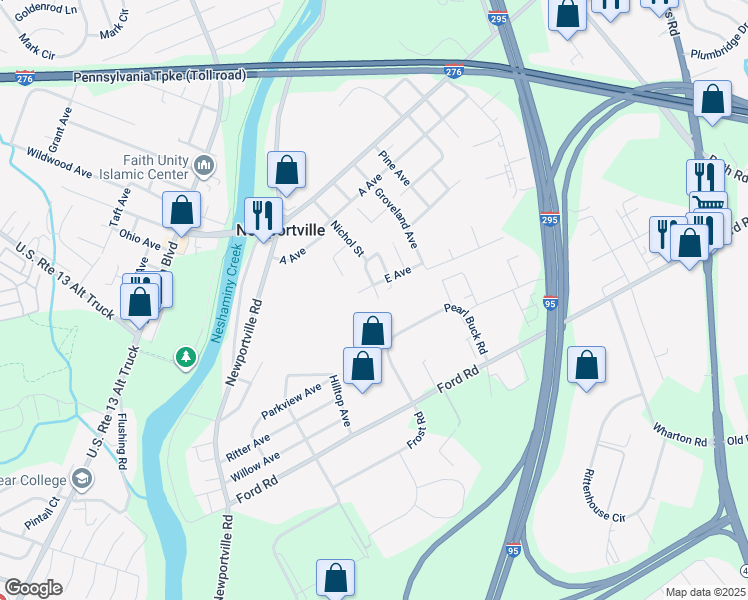 map of restaurants, bars, coffee shops, grocery stores, and more near 3701 Nichol Street in Levittown