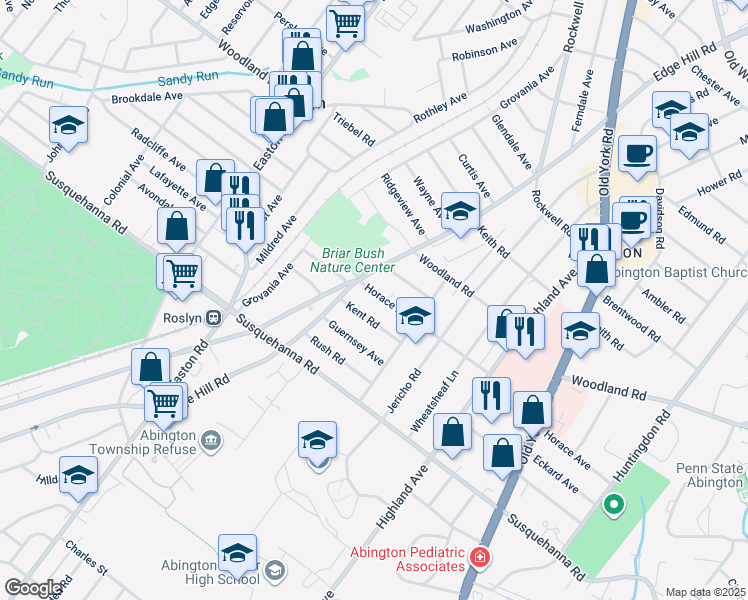 map of restaurants, bars, coffee shops, grocery stores, and more near 2142 Horace Avenue in Abington