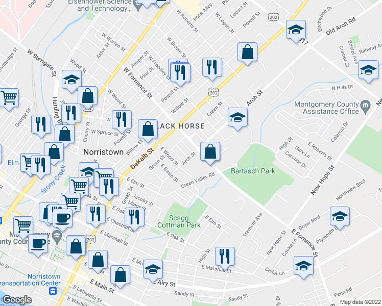 map of restaurants, bars, coffee shops, grocery stores, and more near 1331 Arch Street in Norristown