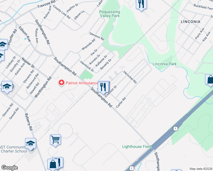 map of restaurants, bars, coffee shops, grocery stores, and more near 15033 London Road in Philadelphia