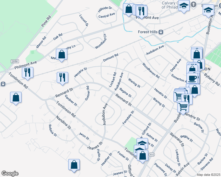 map of restaurants, bars, coffee shops, grocery stores, and more near 11701 Lockart Road in Philadelphia