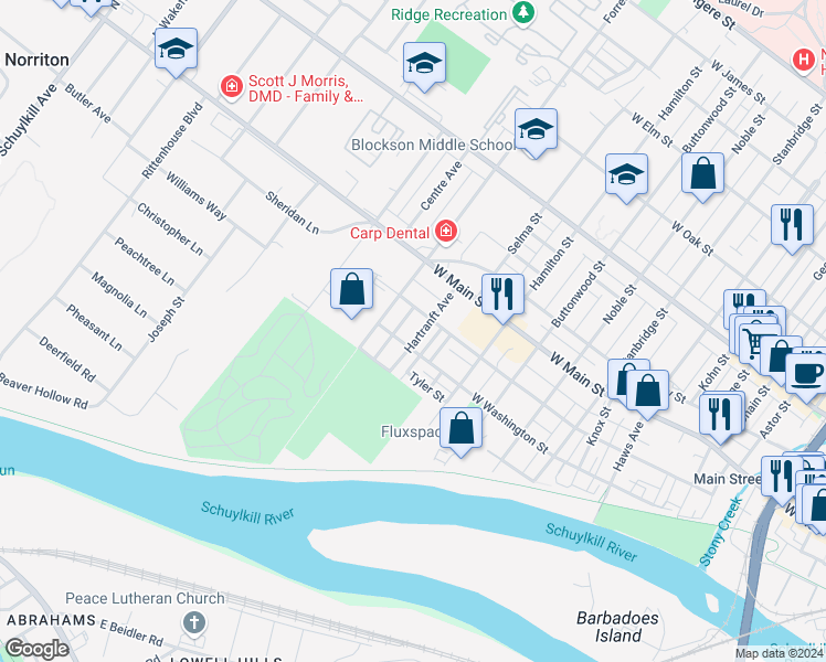 map of restaurants, bars, coffee shops, grocery stores, and more near 111 Hartranft Avenue in Norristown