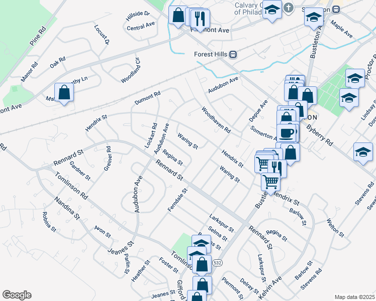 map of restaurants, bars, coffee shops, grocery stores, and more near 435 Densmore Road in Philadelphia