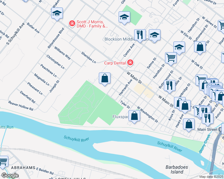 map of restaurants, bars, coffee shops, grocery stores, and more near 30 Forrest Avenue in Norristown