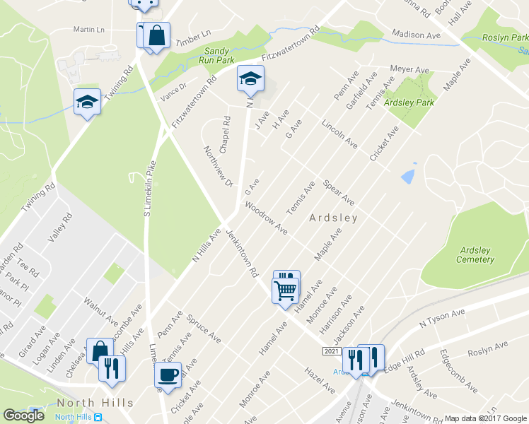 map of restaurants, bars, coffee shops, grocery stores, and more near 700 Garfield Avenue in Glenside