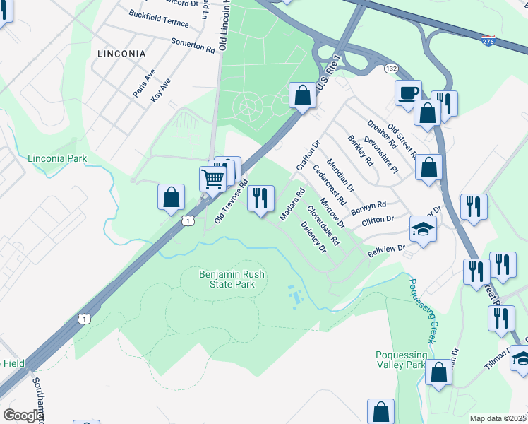 map of restaurants, bars, coffee shops, grocery stores, and more near 2510 Crafton Drive in Bensalem