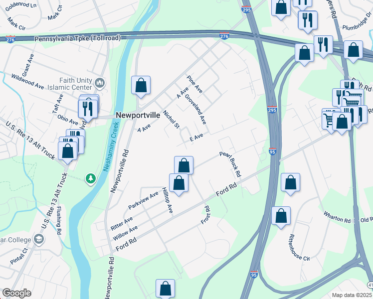 map of restaurants, bars, coffee shops, grocery stores, and more near 3702 Nichol Street in Levittown