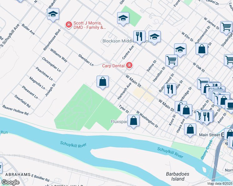 map of restaurants, bars, coffee shops, grocery stores, and more near 104 Rosemont Avenue in Norristown