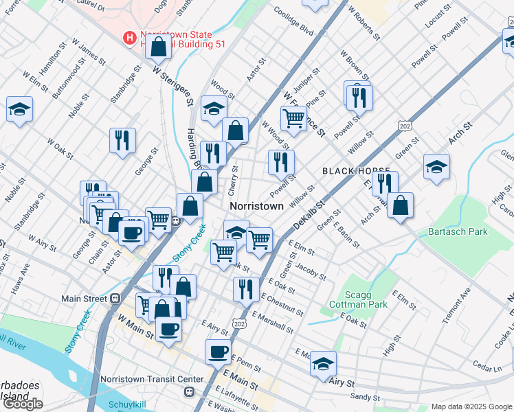 map of restaurants, bars, coffee shops, grocery stores, and more near in Norristown