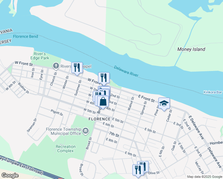 map of restaurants, bars, coffee shops, grocery stores, and more near 16 East Front Street in Florence