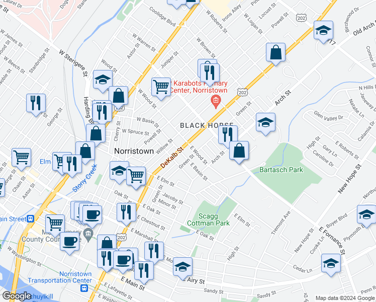 map of restaurants, bars, coffee shops, grocery stores, and more near 1211 DeKalb Street in Norristown