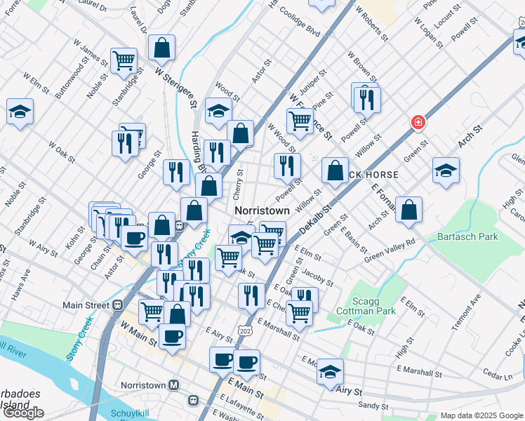 map of restaurants, bars, coffee shops, grocery stores, and more near in Norristown