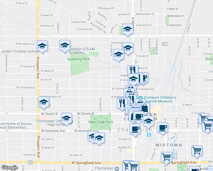 map of restaurants, bars, coffee shops, grocery stores, and more near 309 West Vine Street in Champaign