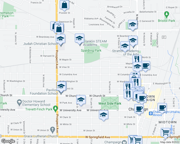 map of restaurants, bars, coffee shops, grocery stores, and more near 605 1/2 West Vine Street in Champaign