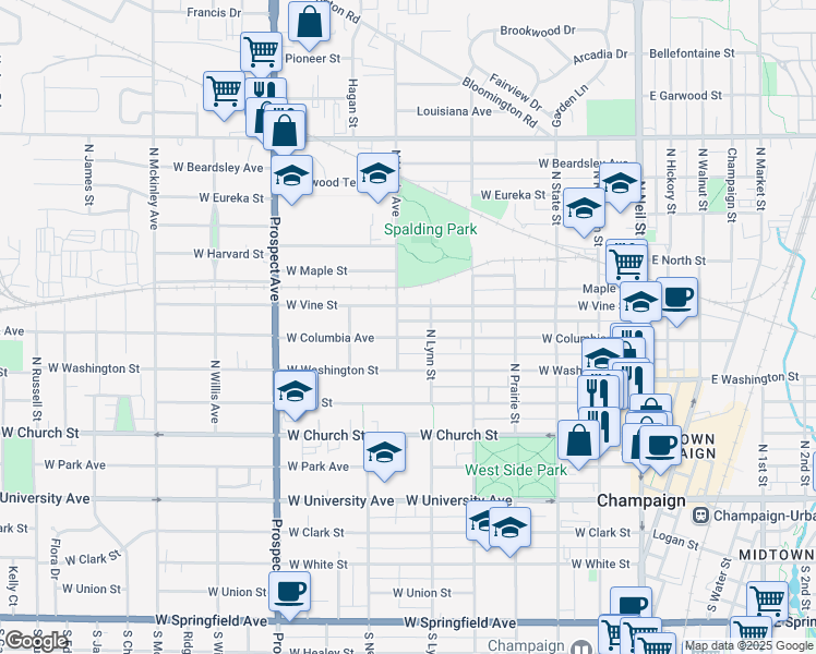map of restaurants, bars, coffee shops, grocery stores, and more near 605 1/2 West Vine Street in Champaign