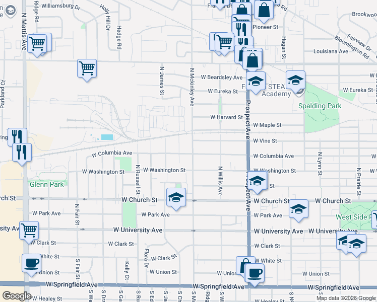 map of restaurants, bars, coffee shops, grocery stores, and more near 609 North Mckinley Avenue in Champaign
