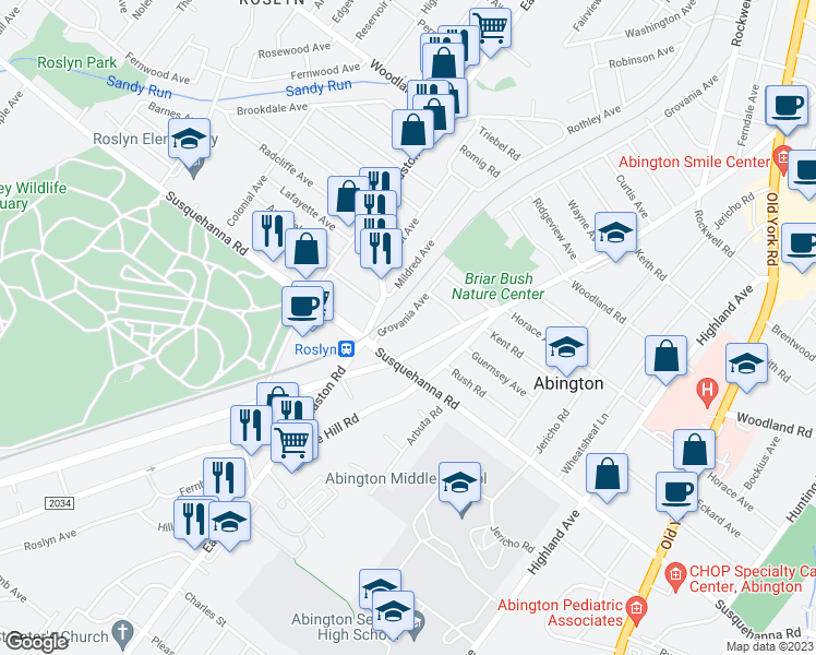 map of restaurants, bars, coffee shops, grocery stores, and more near 1131 Grovania Avenue in Abington