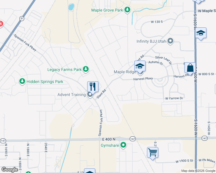 map of restaurants, bars, coffee shops, grocery stores, and more near 6201 Slant Road in Springville
