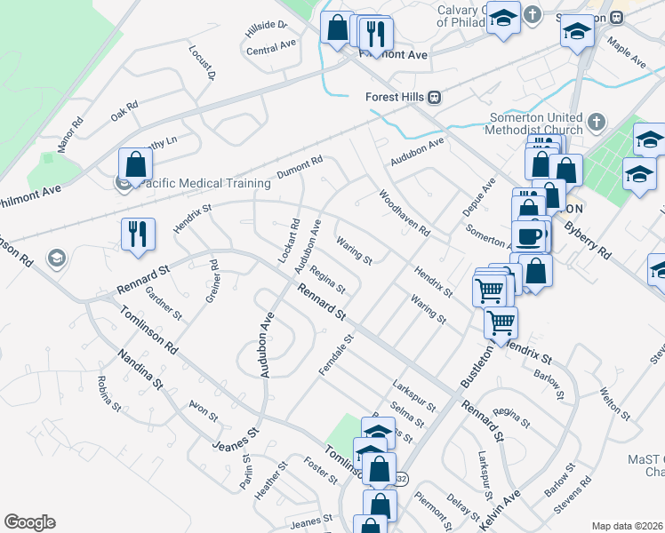 map of restaurants, bars, coffee shops, grocery stores, and more near 419 Densmore Road in Philadelphia
